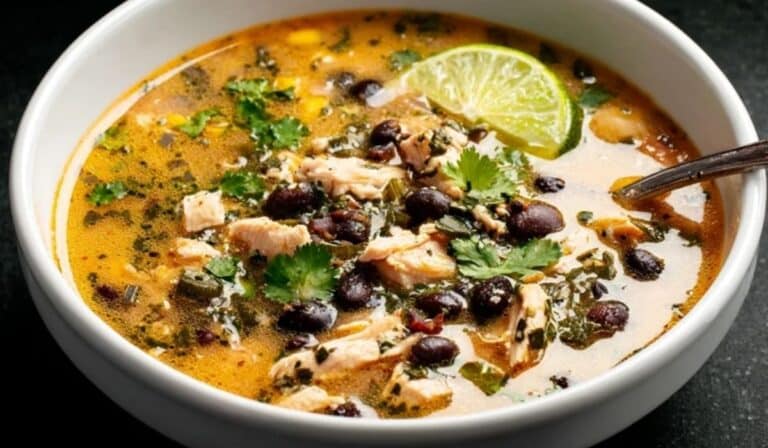 Chicken, Poblano, and Black Bean Soup in a white bowl topped with lime, cilantro, and black beans