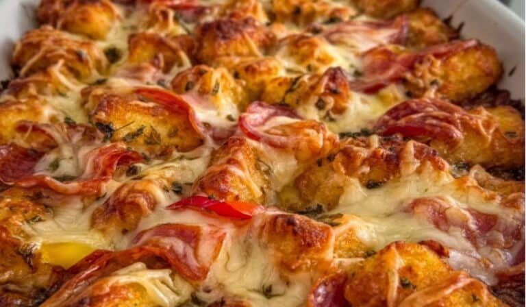 Flaky croissant bake with melted cheese, red bell peppers, and herbs
