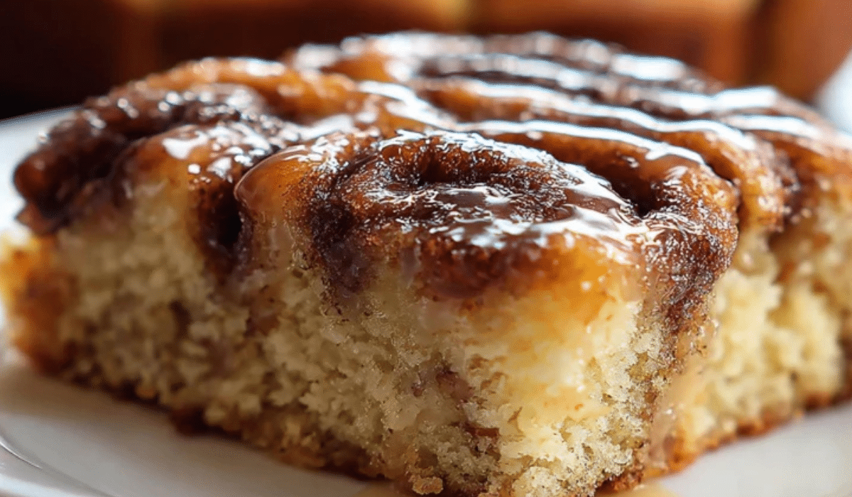 Easy Cinnamon Roll Coffee Cake slice with gooey cinnamon glaze