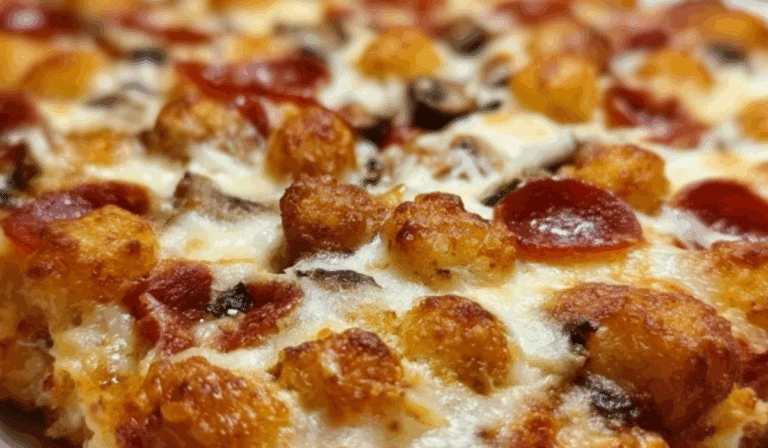 Pizza Tot Casserole topped with golden tater tots, melted mozzarella, and pepperoni