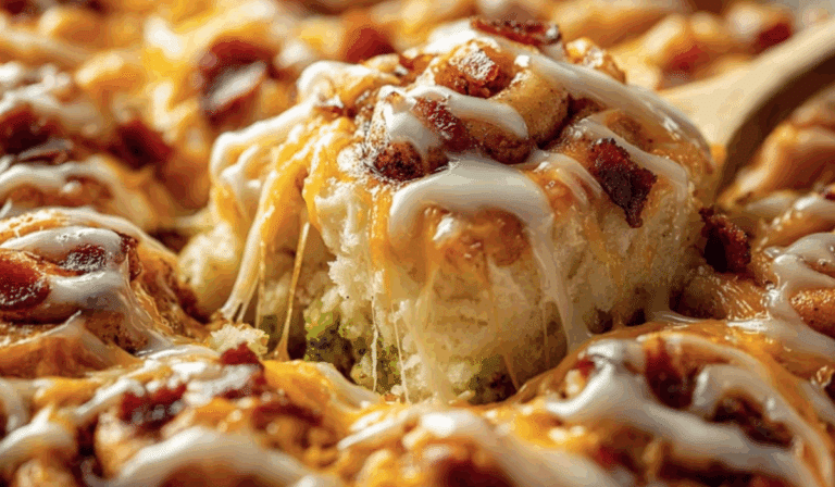 Low Carb Chicken Casserole with bacon, cheese, and creamy drizzle