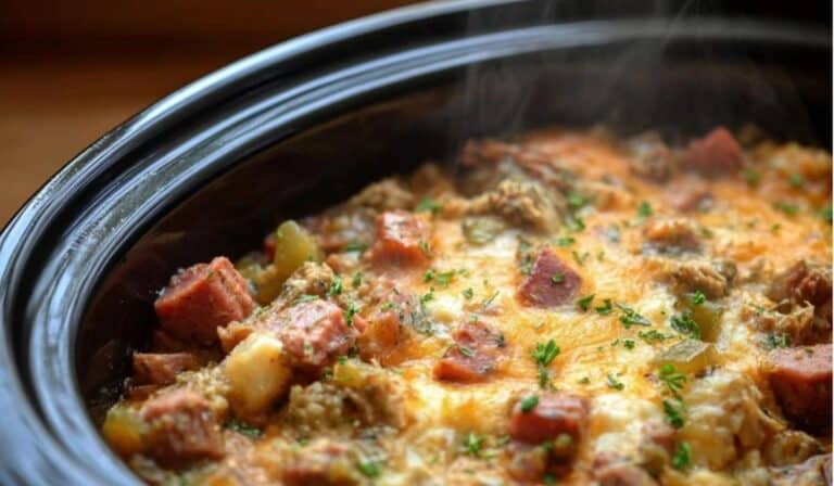 Mountain Man Crock Pot breakfast with sausage, potatoes, and melted cheese in slow cooker