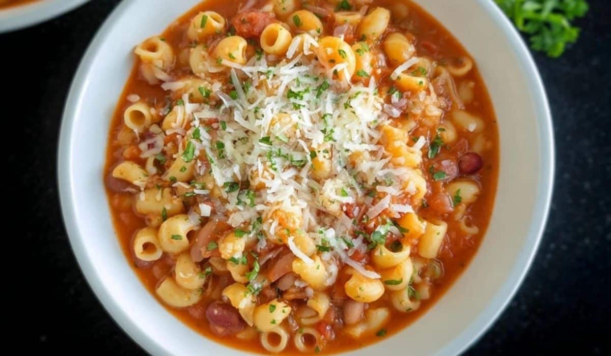 Pasta Fagioli served in a white bowl with cheese and herbs