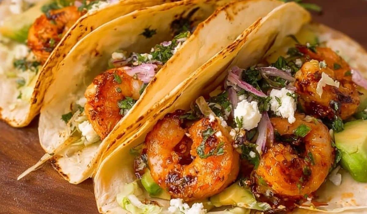 Spicy grilled shrimp tacos with avocado and lime