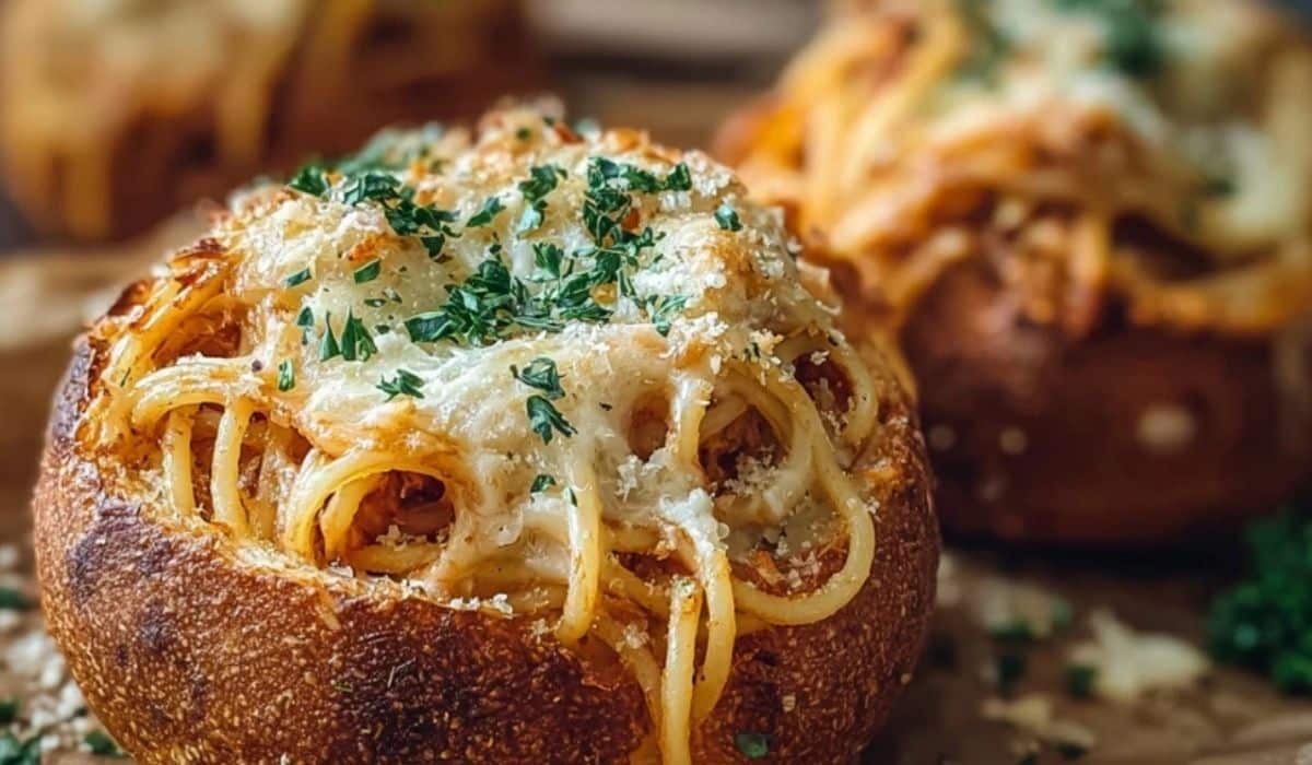 Close-up of Spaghetti Garlic Bread Bowls topped with cheese and parsley