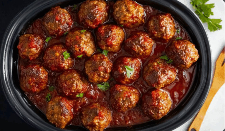 Sweet Chili Meatballs in rich glossy sauce inside black serving dish