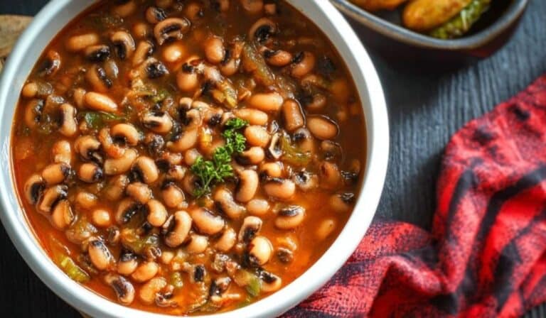 African Stewed Black-eyed Peas served in a white bowl with plantains
