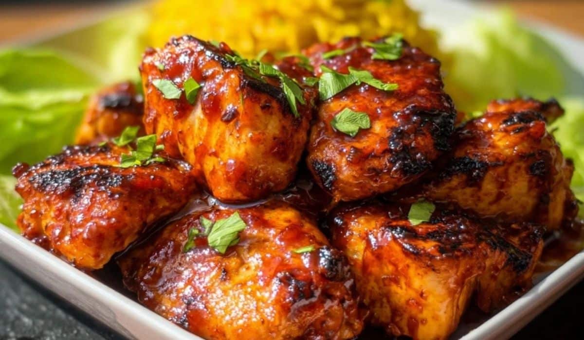 Air Fryer Guava Chicken with crispy skin and guava glaze