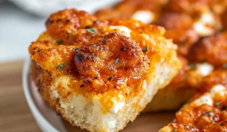 Air Fryer Trader Joe’s Burrata Focaccia slice with crispy golden crust and melted cheese