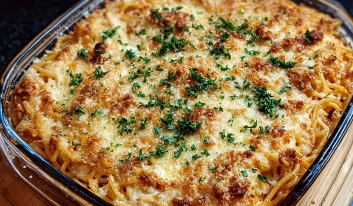Baked Cream Cheese Spaghetti Casserole fresh out of the oven