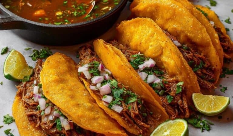 Birria Tacos served with consommé and lime wedges on a white plate