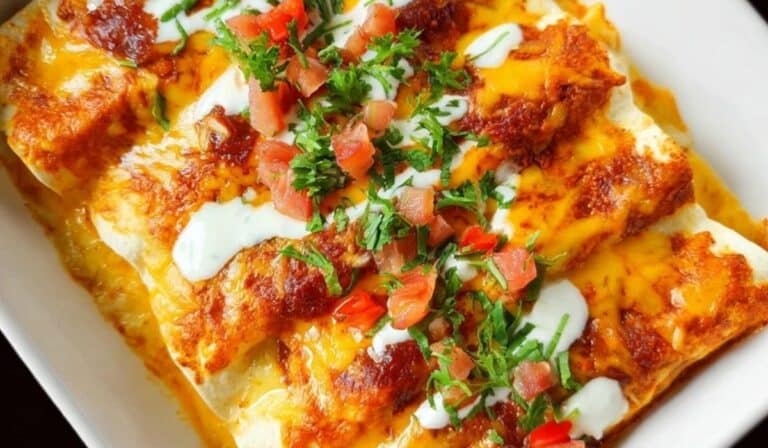 Breakfast Enchiladas topped with sour cream, melted cheese, and fresh herbs