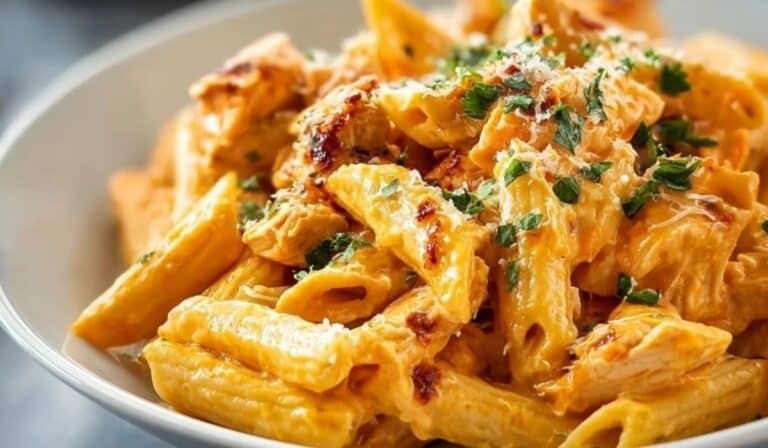 Buffalo Chicken Pasta topped with herbs in a white bowl