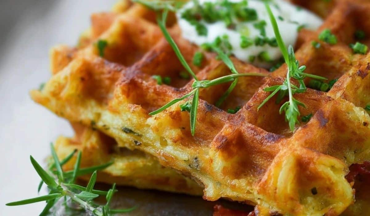 Cheesy Potato Waffles topped with sour cream and herbs