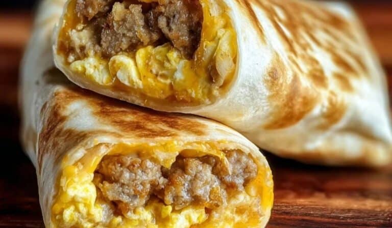 Cheesy Sausage and Egg Wraps with golden melted cheddar and juicy sausage inside a toasted tortilla