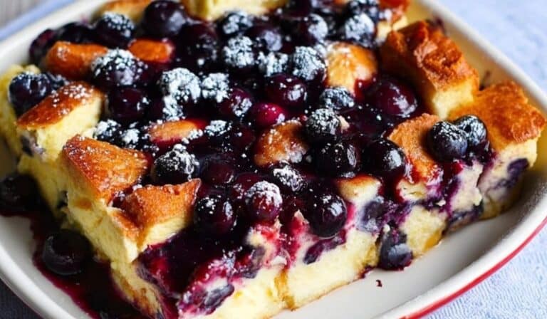 Blueberry cream cheese french toast casserole topped with fresh blueberries and powdered sugar