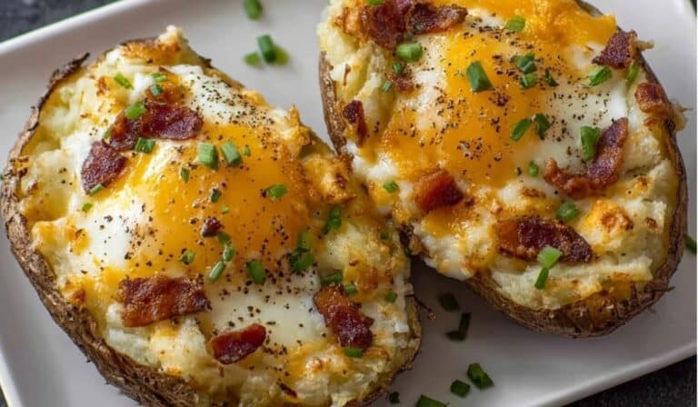 Stuffed Breakfast Twice Baked Potatoes with egg, bacon, cheddar, and chives on a plate