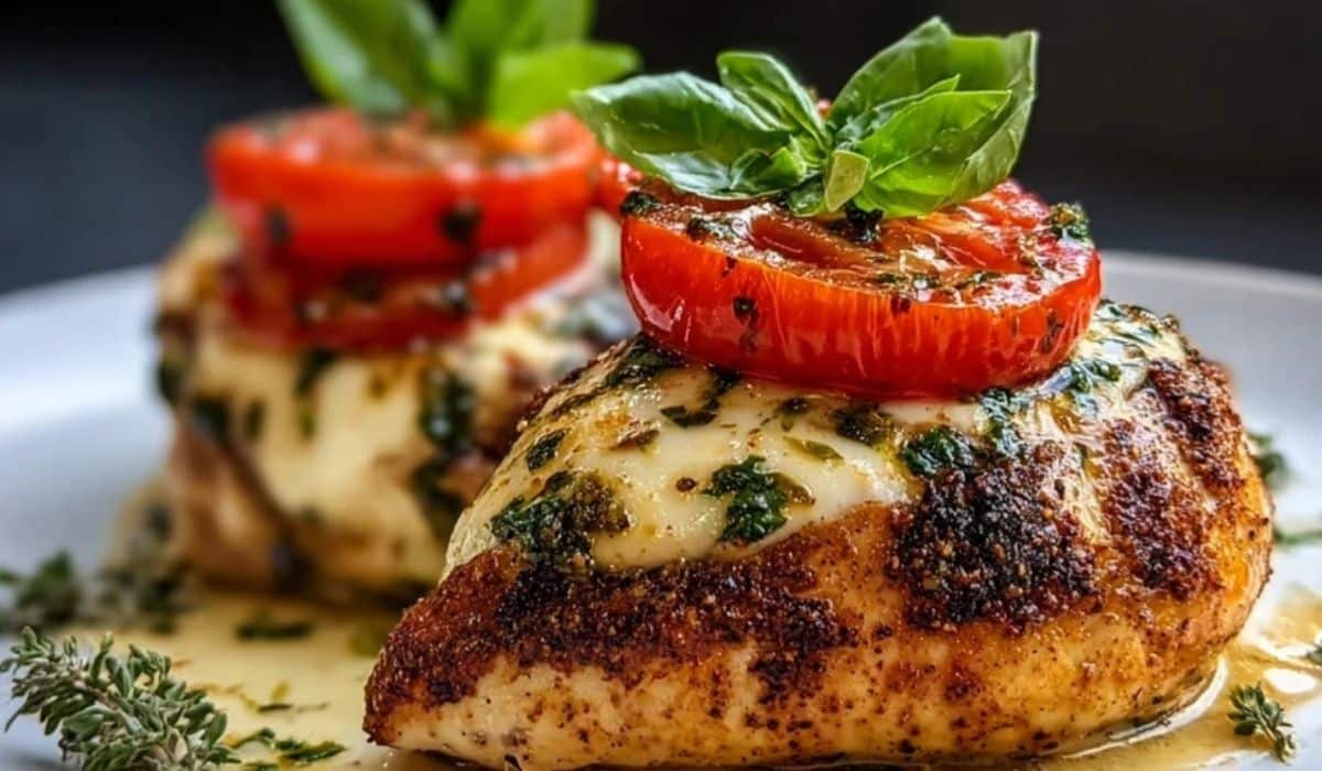 Caprese Stuffed Chicken with melted mozzarella, basil, and tomato on a white plate
