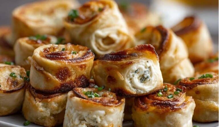 Cream Cheese Tortilla Bites stacked on a white plate with golden edges