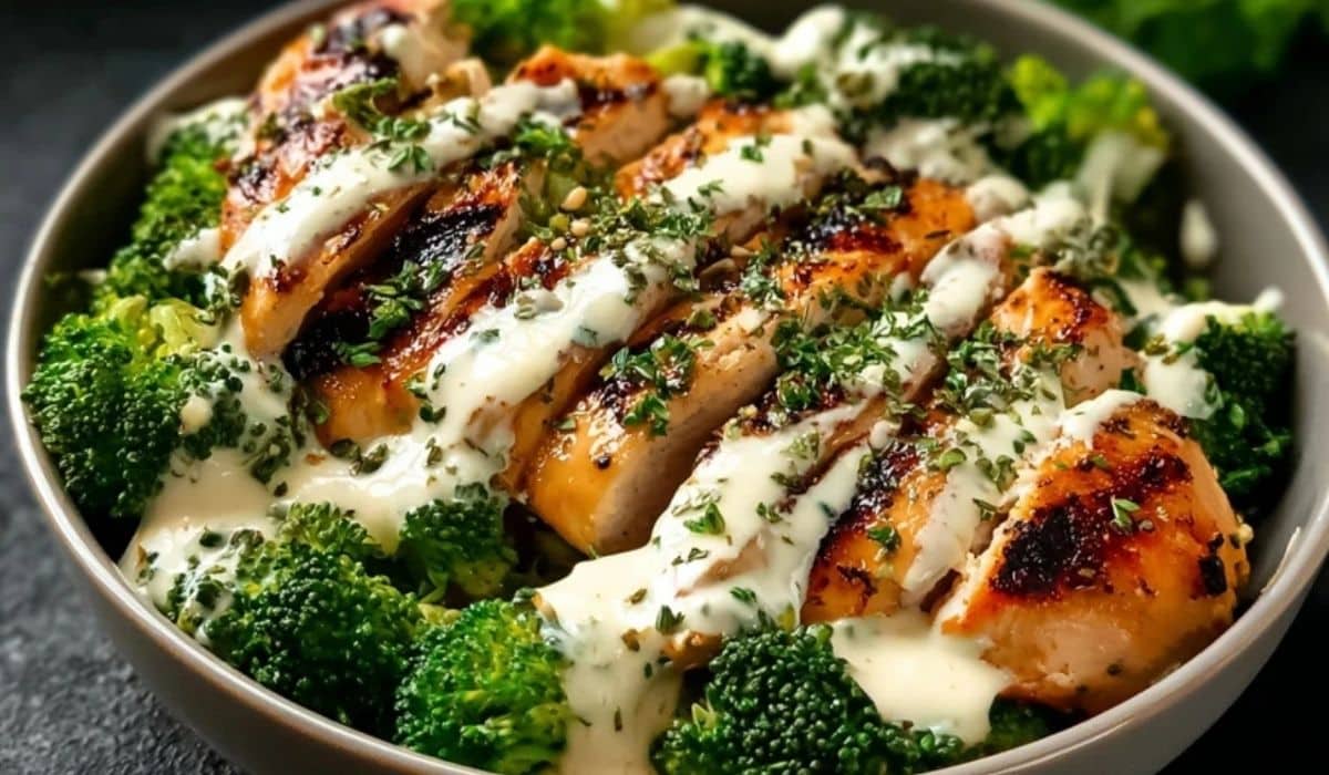 Grilled Chicken and Broccoli Bowls with Creamy Garlic Sauce served fresh