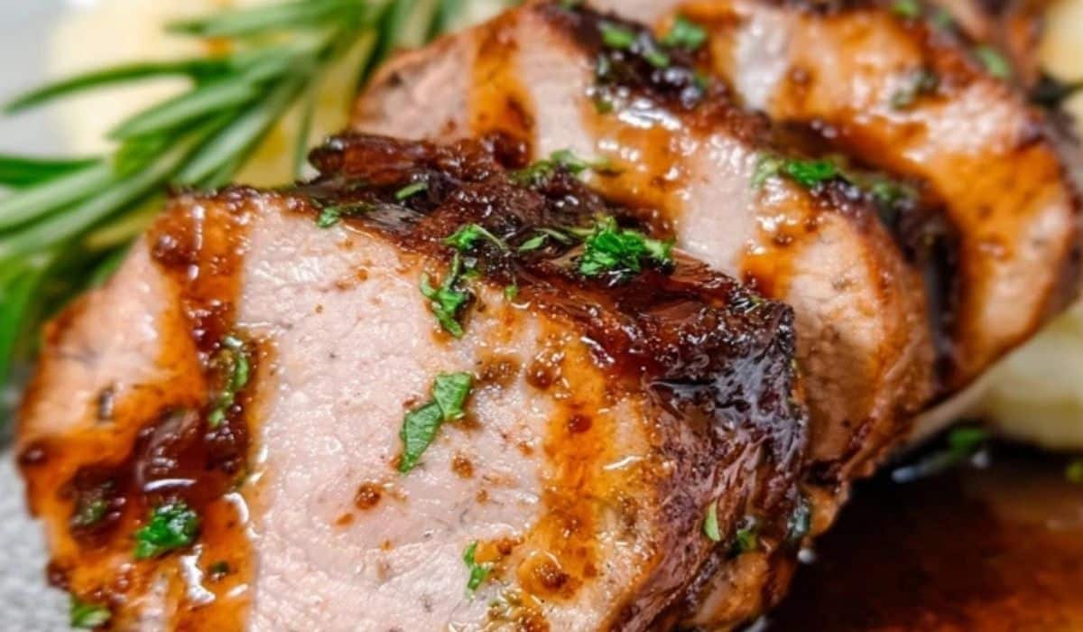 Maple Glazed Pork Tenderloin with fresh herbs and glossy glaze