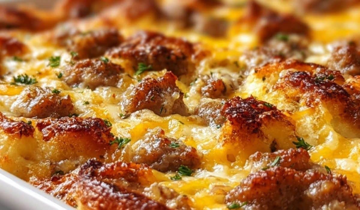 Side view of a baked Sausage and Pancake Breakfast Casserole slice showing cheesy layers