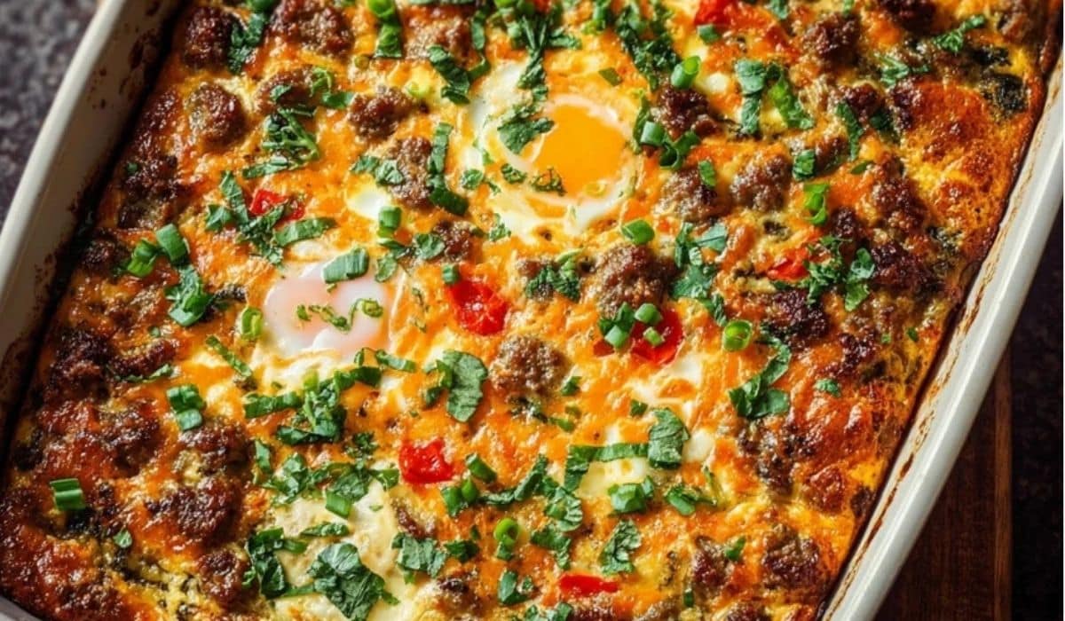 Sweet Potato Sausage Breakfast Casserole fresh from the oven in a white baking dish