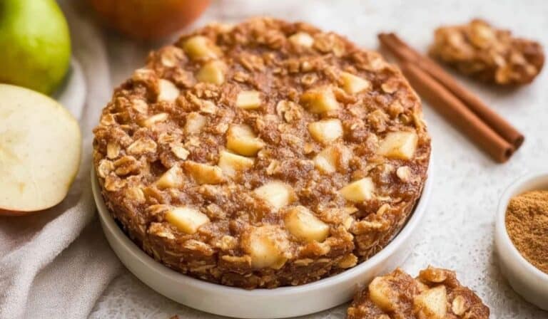 Healthy Apple Pie Oatmeal baked in a round dish with visible apple chunks and oats