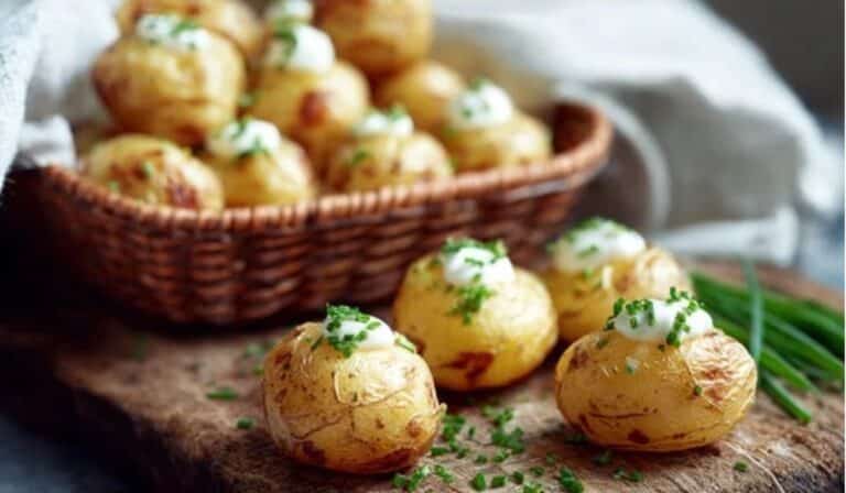 Mini baked potatoes served in a rustic basket, garnished with chives