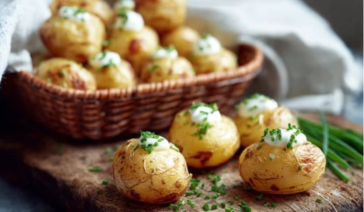 Mini baked potatoes served in a rustic basket, garnished with chives