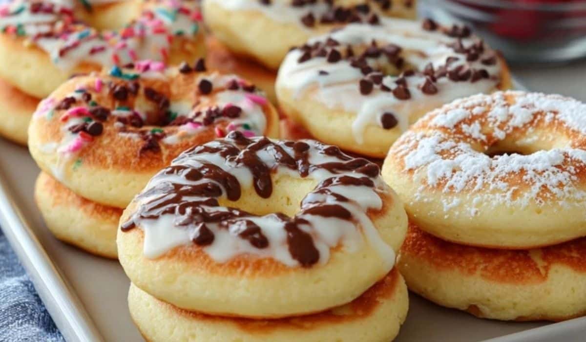 Fluffy pancake donuts with icing, chocolate drizzle, and sprinkles