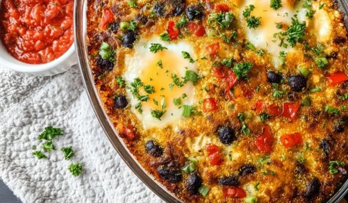 Savory Quinoa Breakfast Bake with baked eggs, black beans, and herbs