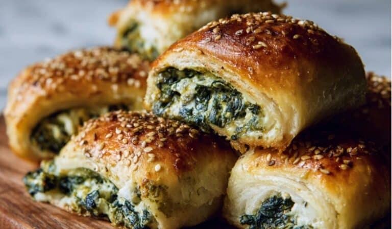 Spinach Dip Rolls stacked on a wooden board with golden crust and sesame topping