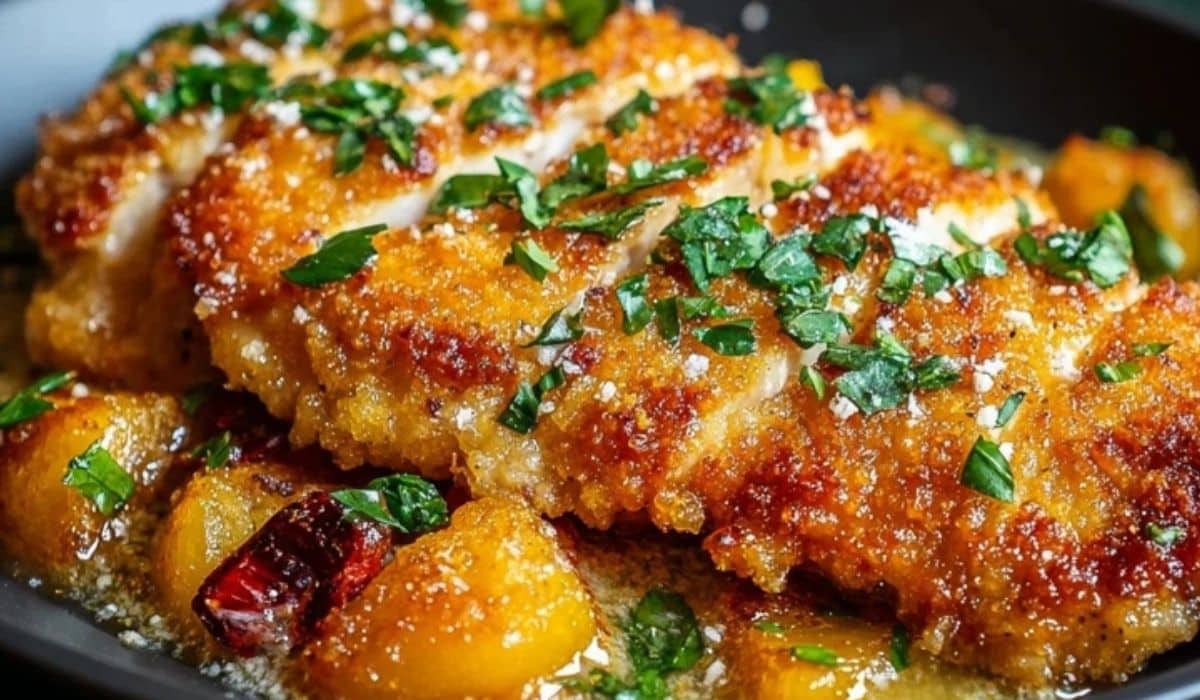 Steakhouse Parmesan Chicken with golden crust and herb butter