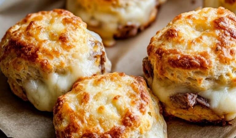 Baked French Dip Biscuits with melted cheese on a baking tray