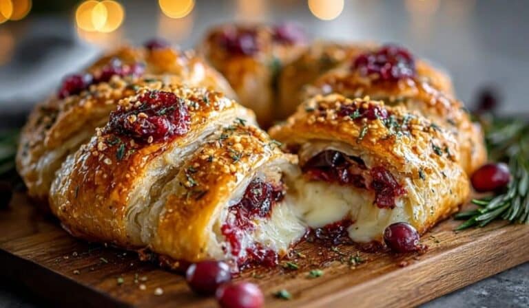 Brie Cheese and Cranberry Christmas Wreath fresh from the oven on wooden board