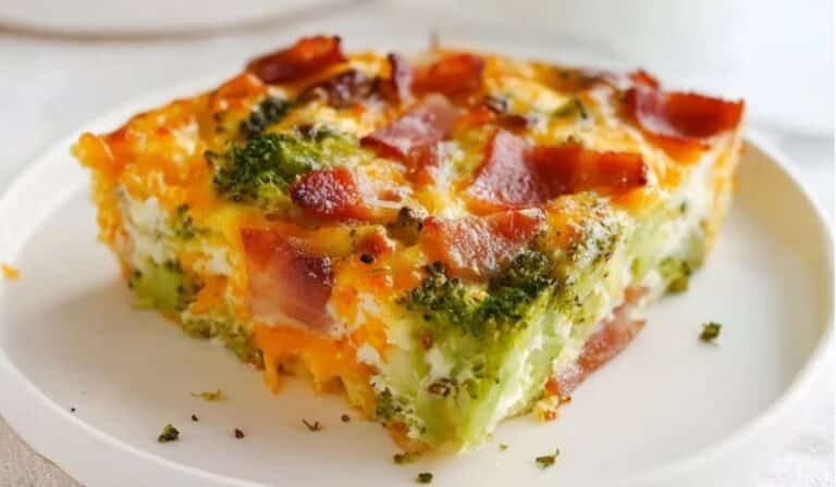 Featured image of Broccoli Cheddar Egg Bake with Turkey Bacon slice