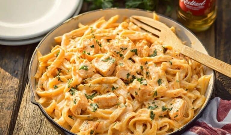 Buffalo Chicken Alfredo in a rustic cast-iron skillet topped with fresh herbs