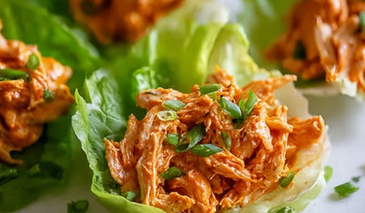 Buffalo Chicken Lettuce Wraps served on fresh butter lettuce leaves