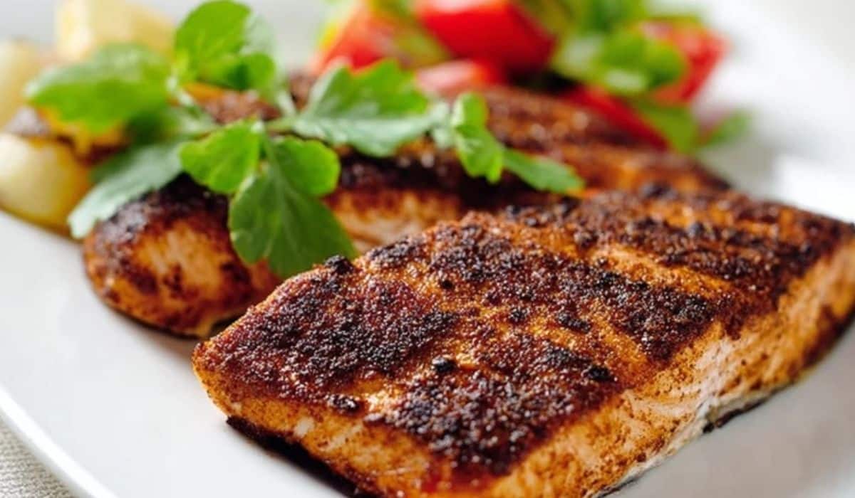 Cajun Blackened Salmon served with fresh herbs and vegetables