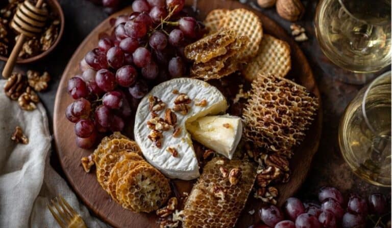 Champagne Grapes with brie cheese and crackers on rustic wooden board