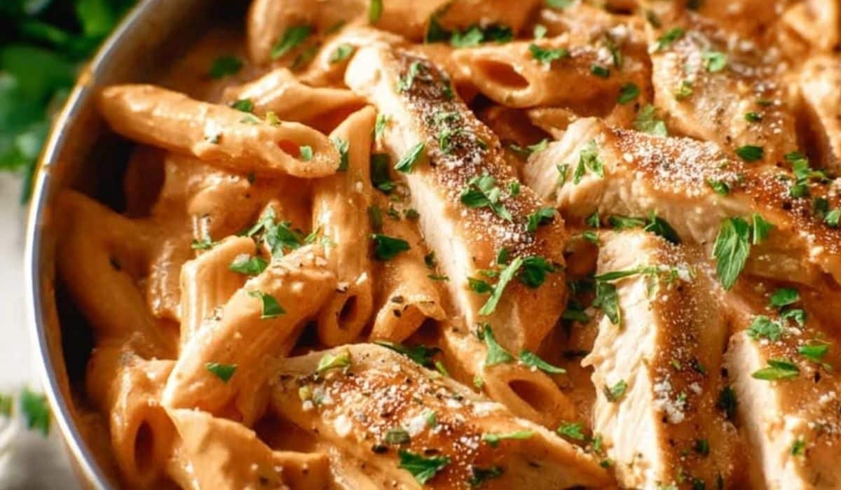 Chicken Penne Alla Vodka served with creamy vodka tomato sauce and garnished with herbs in a rustic bowl