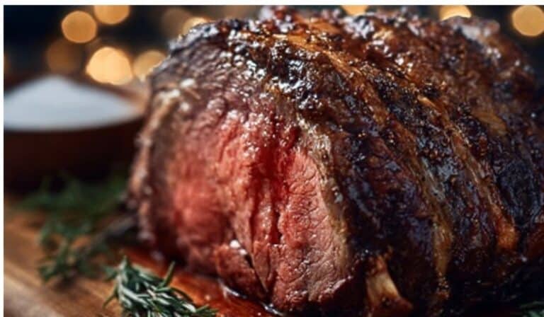 Classic Christmas Prime Rib roast with garlic herb crust on holiday platter