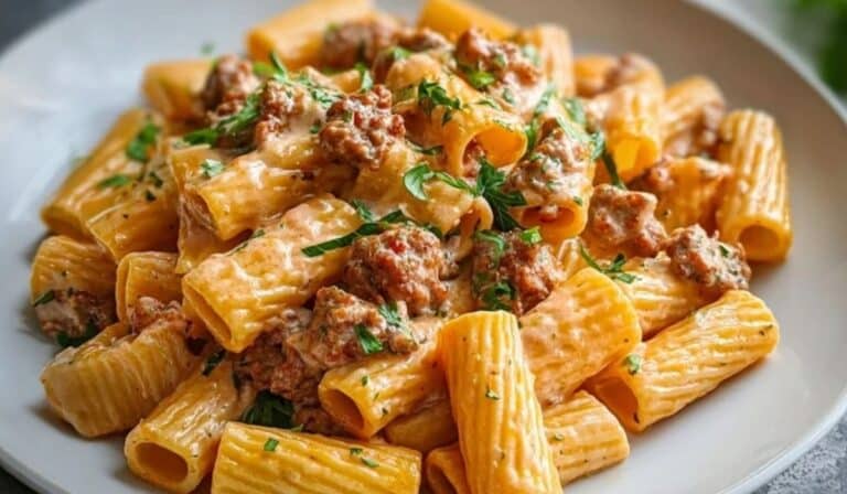Creamy Sausage Rigatoni served on a white plate with sausage and parsley garnish