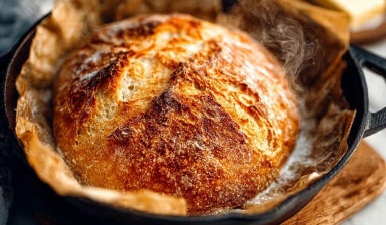 Dutch Oven No Knead Bread fresh from oven with golden crust