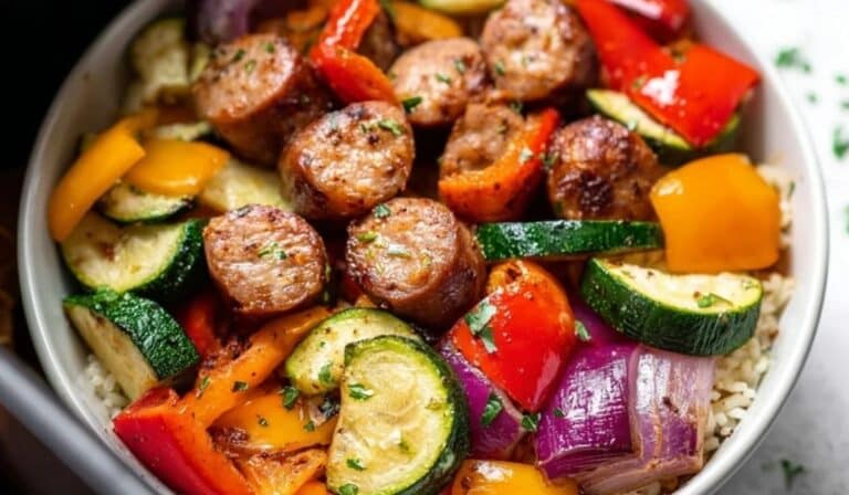 Air Fryer Chicken Sausage and Veggies served over rice with roasted peppers, zucchini, and onions