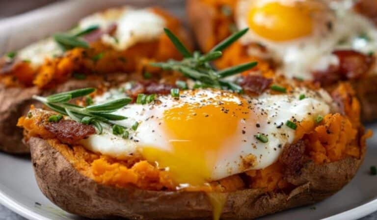Breakfast sweet potato toast with egg and herbs