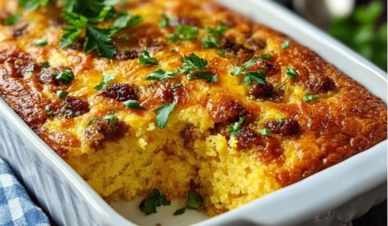 Cornbread Breakfast Casserole close-up in glass dish with herbs