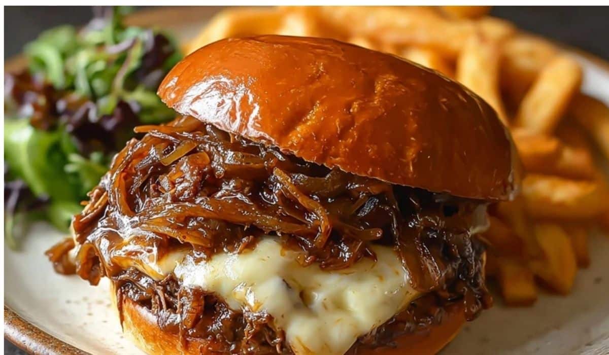 French Onion Beef Sloppy Joes with melted provolone and caramelized onions