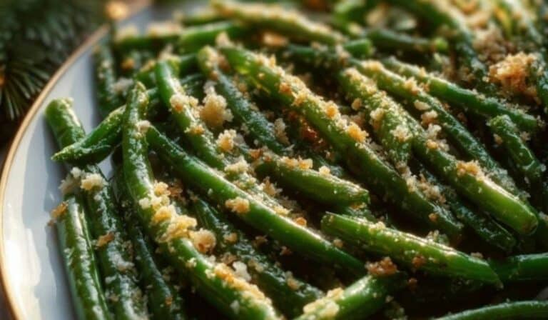 Crispy oven baked green beans with parmesan on a serving plate